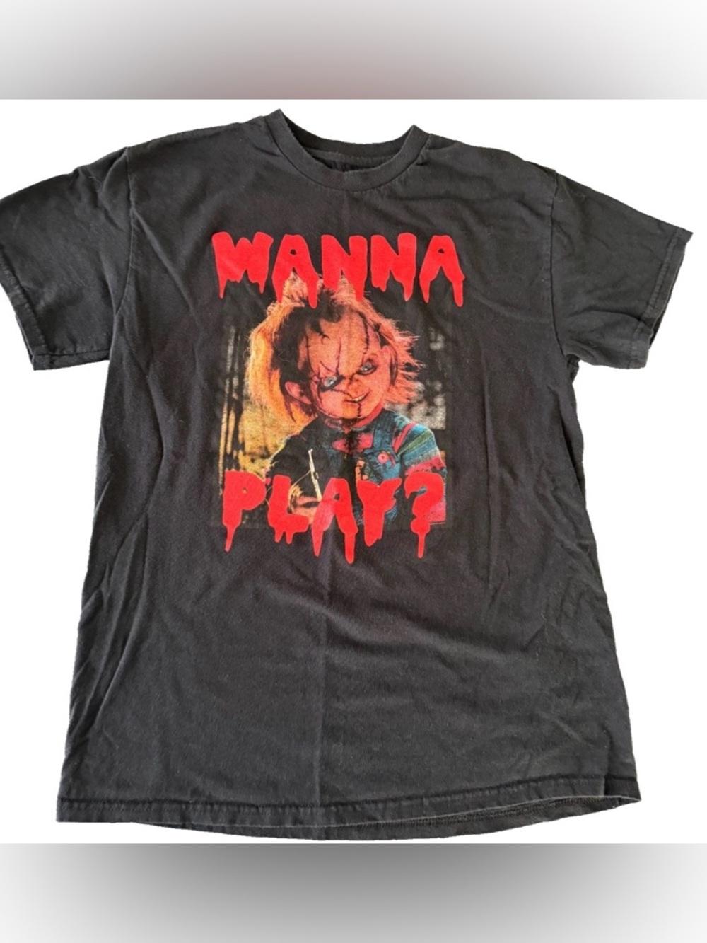 Wanna Play? Chucky Graphic Tee - Black with Red Print